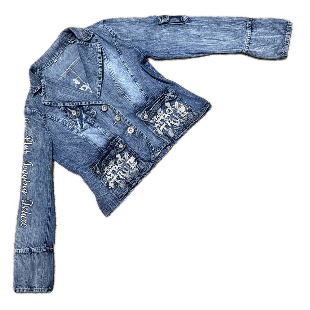 🧥🕺 RAYBAN x LUJ Y2K‎ Blue Denim Jean Jacket | EU Club Scene Sz 4 - Picture 2 of 12